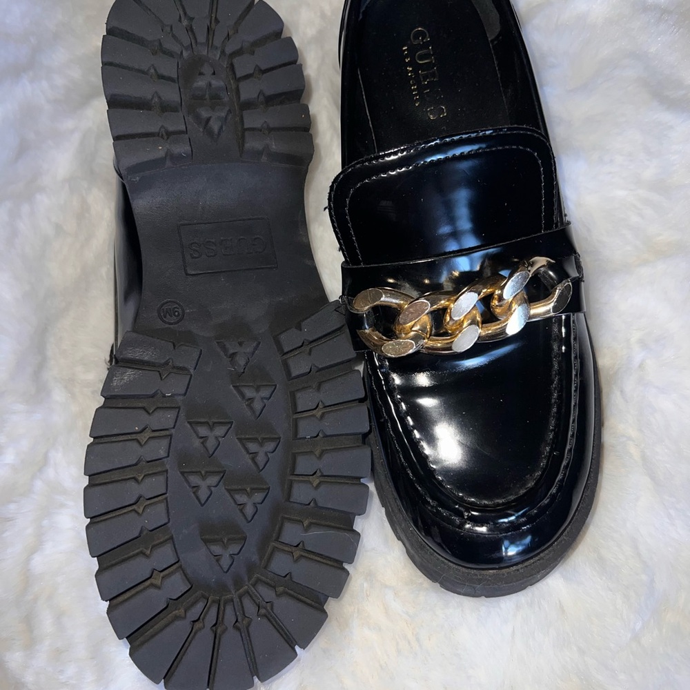 Guess Black Loafers with Gold Chain Accent
